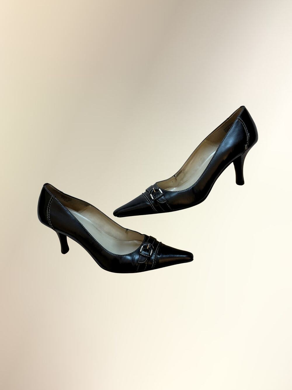 Anne Klein Black Leather Buckle Pointed Toe Kitten Heels Women's 8.5